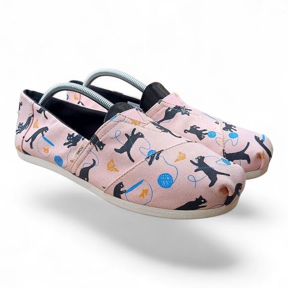 Toms Strawberry Cream Kitties Print Slip-On Canvas Shoes Pink Flats Size 10 - Picture 1 of 11